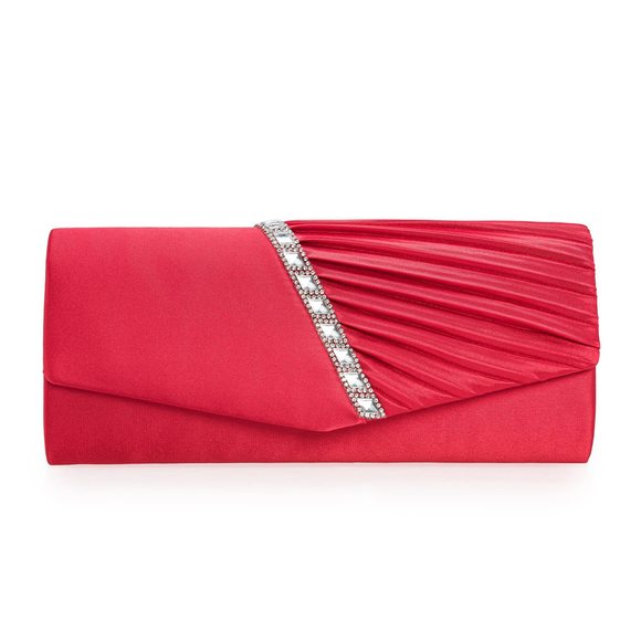 Evening Handbag Crystal Embellished And Pleated Satin Clutch Red :^) - Picture 1 of 6